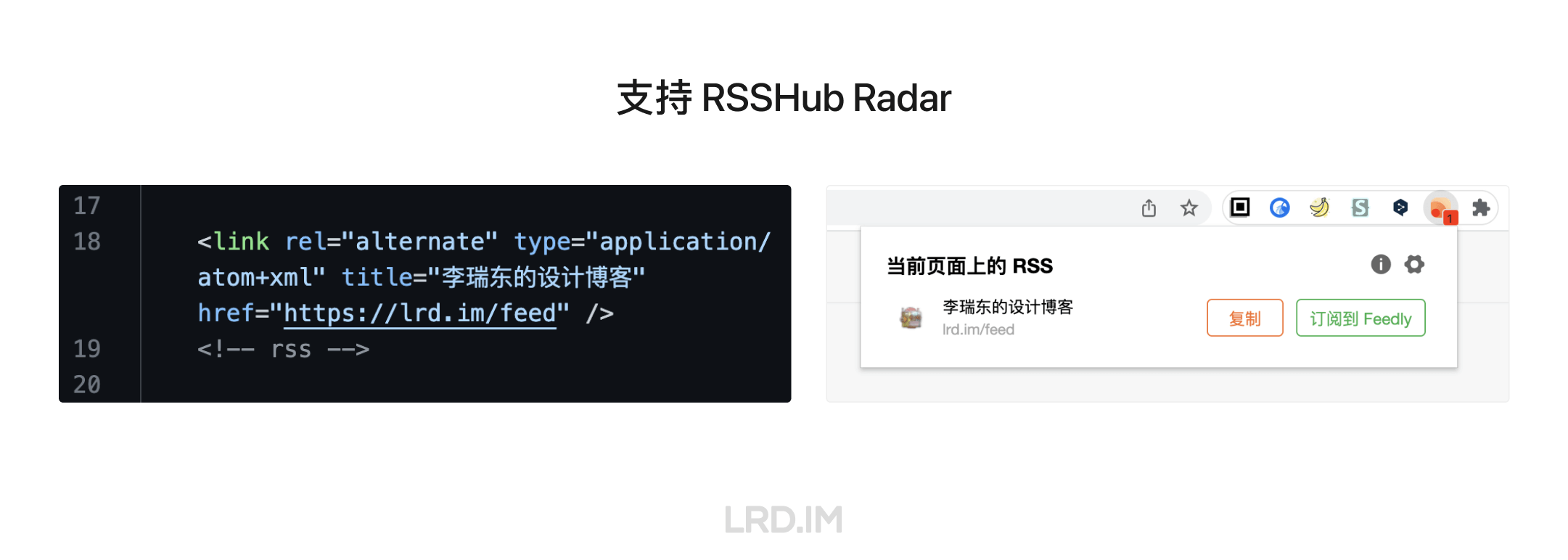 第一张截图是在页面 head 标签里添加相关代码，第二张截图是在 RSSHUB Radar 中成功获取到 RSS 链接的效果图。