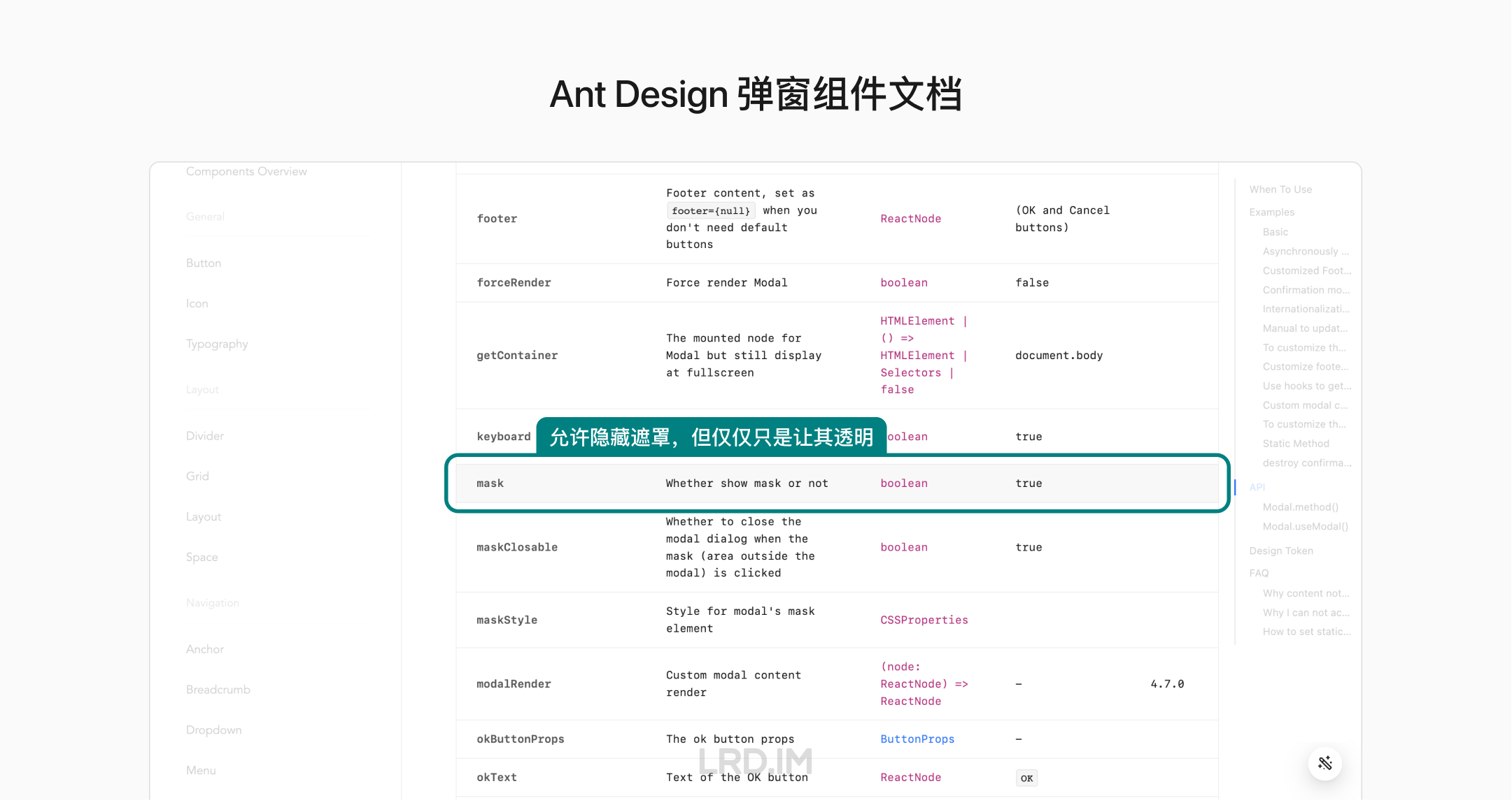 Ant Design Modal 组件的 API 截图。用带有圆角的绿色边框高亮 Ant Design Modal的 API。该 API 控制是否展示 Mask，默认是展示的。