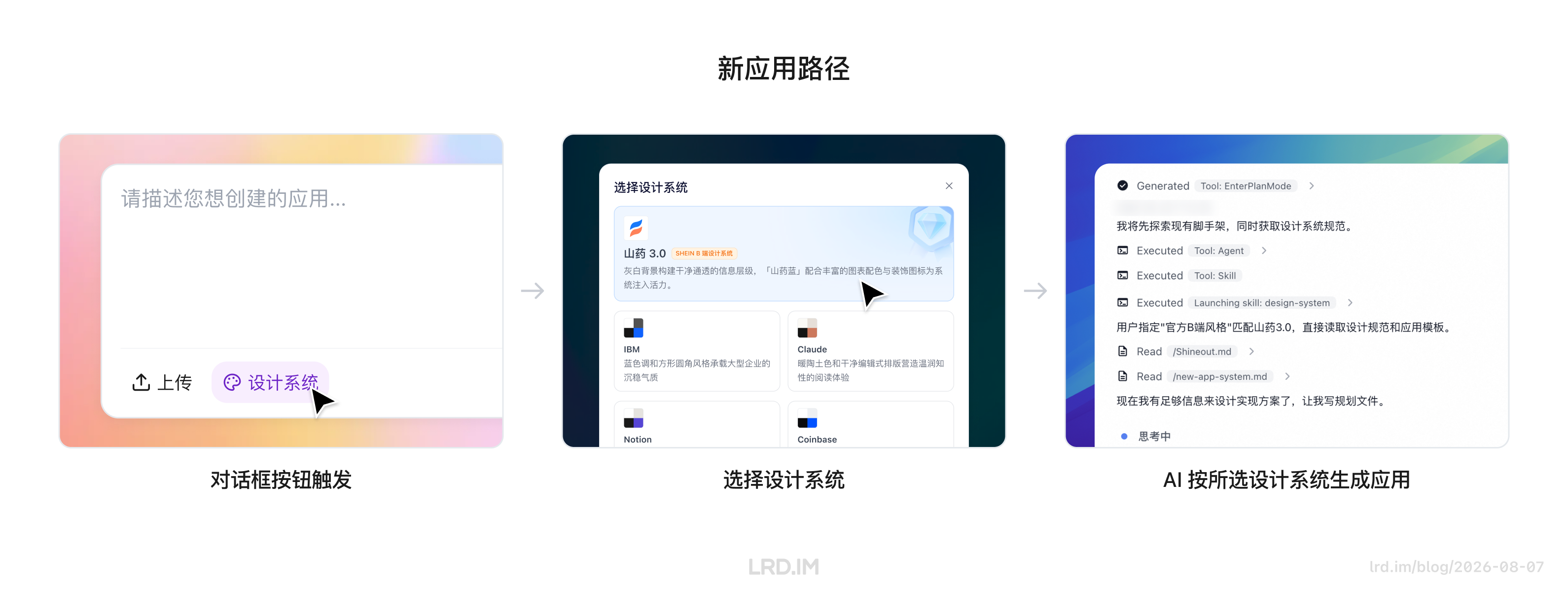图示新应用路径：点击对话框 “设计系统” 按钮，可视化弹窗内展示多个设计系统的配色及介绍，AI 随后读取规范生成应用并显示执行日志。